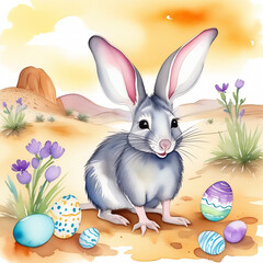Watercolor Easter bilby printable illustration. Colorful Australian Pascha macrotis with Easter eggs, flowers and grass. Spring desert painting.