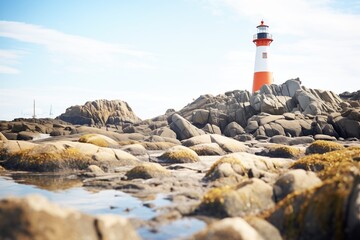 Fototapeta na wymiar an isolated lighthouse on a rocky shoreline
