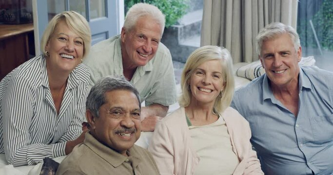 Group Of Mature Friends On Sofa With Smile On Face, Bonding And Relax Together In Living Room. Portrait, Senior Men And Women On Couch With Happiness, Retirement And Fun On Social Weekend In Home.