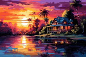 Deurstickers Beautiful sunset painting with boats, rivers, houses and trees. © Farjana CF- 2969560