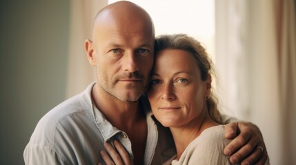 Obraz premium A cozy scene as a European couple in their middle age embraces at home.