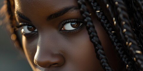 Close-up of a woman's face with braids. Can be used for beauty, fashion, or portrait concepts