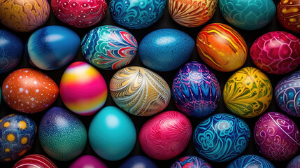 Fototapeta na wymiar Top view of colorful decorated easter eggs. Easter celebration concept