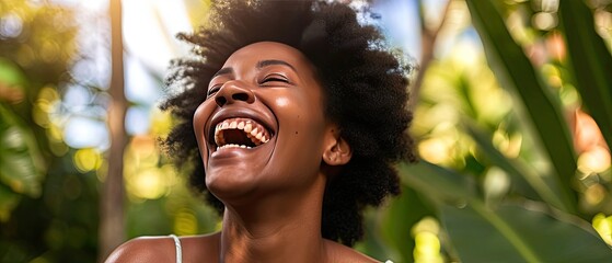 A woman laughing in a natural outdoor setting, her skin fresh and dewy, embodying joy and health - obrazy, fototapety, plakaty