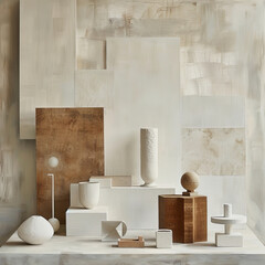 Artwork of wall and various objects. Minimalist style. Perfect for wall art, interior design, hotel, residence, retail, restaurant. 