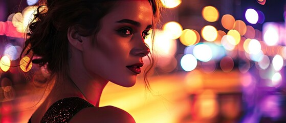 A woman with elegant, evening makeup looking over her shoulder, a night-time city scene in soft focus behind her