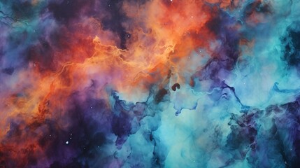 Abstract Nebula Clouds in Fluid Composition, Richly Detailed Backgrounds, Light Indigo and Orange, Dark Cyan Ink Watercolor Painting Texture Background - obrazy, fototapety, plakaty