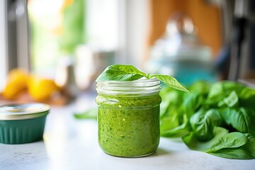 closeup of green smoothie in a glass jar with spinach leaves - Powered by Adobe