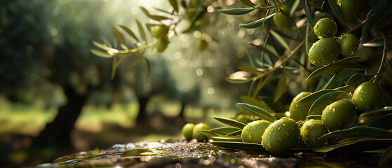 Fresh natural green olives on the ground, olive branches, bokeh, oil, soft light at sunrise - obrazy, fototapety, plakaty
