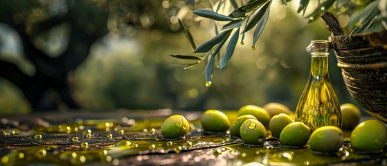 Fotobehang Fresh natural green olives on the ground, olive branches, bokeh, oil, soft light at sunrise © IonelV