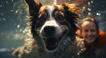 A joyful dog of a particular breed happily swims in the cool waters, with its mouth open and a human face in the background, enjoying the outdoors with its favorite person