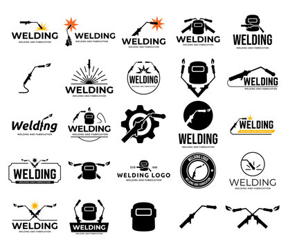Flat illustration welding torch logo design. Welder tool with spark vector design. Welding work logotype