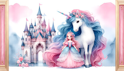 Estores personalizados infantiles con tu foto Watercolor cute unicorn on white background.