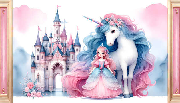 Fototapeta Watercolor cute unicorn on white background.
