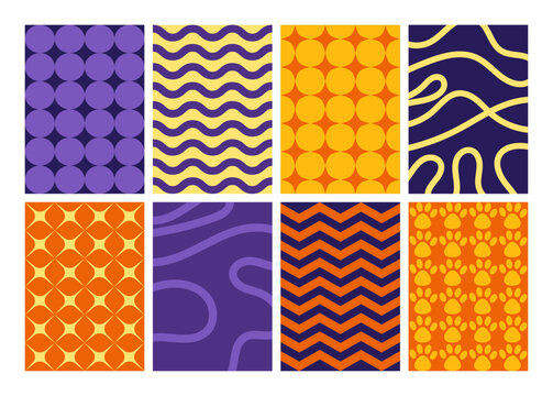 Set of colorful minimalist festive backgrounds for greeting card, postcard, invitation, cover, flyer, brochure or poster. Abstract flat vector illustrations with simple and playful patterns.