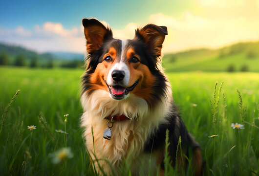Illustration of a happy Collie dog in the field. AI-generated.