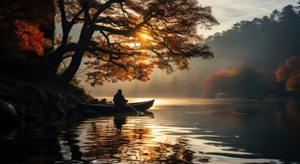 Foto op Canvas Amidst a tranquil autumn landscape, a lone figure floats in their canoe on the glassy lake, surrounded by the golden glow of sunrise and enveloped in a mystical fog © Larisa AI