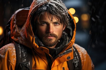 A rugged man, bundled in a warm winter jacket, stands on a snowy street with a weathered face and a beard to match