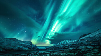 Spectacular aurora borealis (northern lights) in the snowy mountains. Winter landscape night...