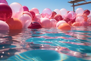 Vibrant balloons defy gravity, dancing in the crystal blue water of the outdoor swimming pool as the endless sky watches over their playful float
