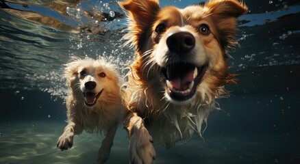 Graceful collies glide through the crystal blue depths, embracing their innate love for water as they swim with pure joy and freedom - obrazy, fototapety, plakaty