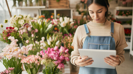 Florist Managing Orders on Digital Tablet. Entrepreneur in flower shop using tablet amidst fresh blooms.