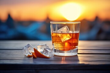 classic manhattan cocktail with ice shard at sunset