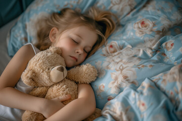 Child Sleeping Peacefully with Teddy Bear. A young girl sleeps soundly, clutching her teddy bear on a floral blue bedding, symbolizing innocence and comfort.