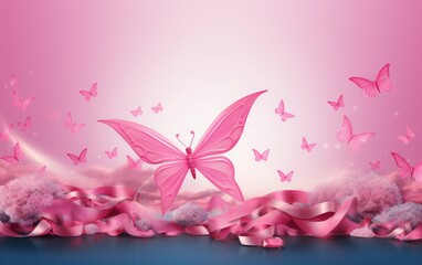 World cancer day banner with ribbons and butterflies. World cancer awareness.