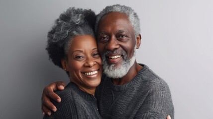 Smiles and style define a senior couple's charming studio photo. - obrazy, fototapety, plakaty