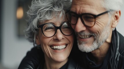 Elegance and happiness define a studio photo of a smiling senior couple.