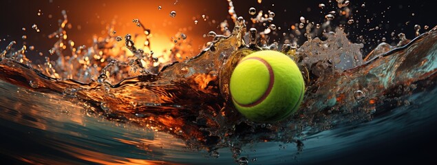 The vibrant yellow tennis ball plunges into the crystal blue water, creating a captivating splash that embodies the thrill of sports and the refreshing feeling of summer