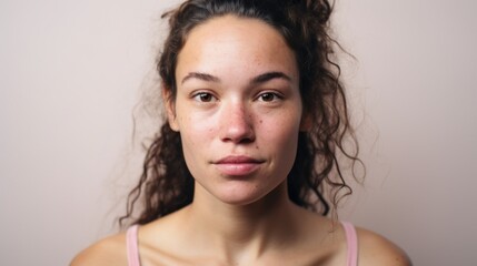 A close-up shot reveals the imperfect skin of a Caucasian woman as she confidently poses against a light beige studio background.