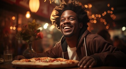 A content man enjoys a slice of delicious pizza inside a cozy shop, surrounded by the lively energy of a woman and the enticing aroma of fast food