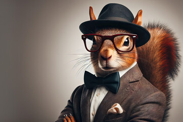 Stylish portrait dressed up imposing anthropomorphic squirrel wearing glasses and suit on vibrant...