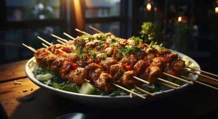 Tuinposter A mouthwatering assortment of grilled meat skewers from various cuisines, including yakitori, souvlaki, and churrasco, is displayed on a table, enticingly waiting to be savored as a delectable street © Larisa AI