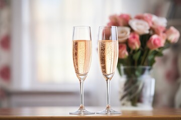 flutes of rose wine with a wedding bouquet in the background
