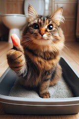 happy Cute cat sitting in litter box and looking sideways shows paw thumbs up, animal care concept - obrazy, fototapety, plakaty