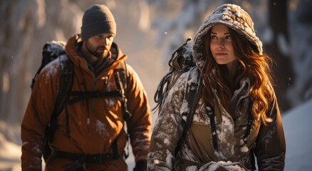 Fototapeta premium A couple stands bundled in warm jackets, their faces lit up with the joy of being outdoors in the snow, ready to embark on a winter hike together
