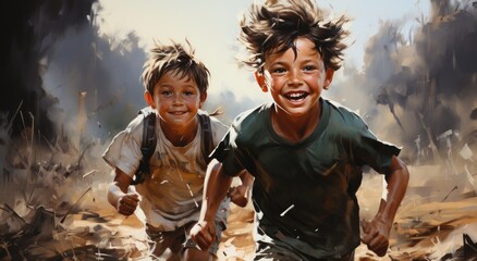 Two young boys, dressed in bright clothing, are captured mid-smile as they run freely and playfully through an outdoor setting, their faces beaming with joy and their feet kicking up the dusty ground
