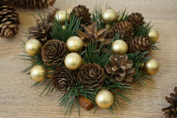 Christmas decoration winter wreath on the table