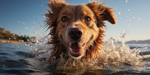 A majestic brown dog from the sporting group joyfully swims in the crystal blue ocean, basking in the warmth of the sun and relishing in the freedom of the great outdoors - obrazy, fototapety, plakaty