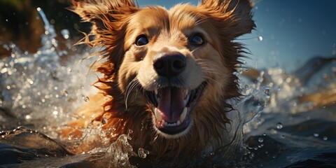 A majestic brown dog of a specific breed gracefully glides through the refreshing water, embodying the freedom and joy of the great outdoors