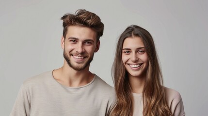 Loving couple with stylish hair posing happily against a studio light background.