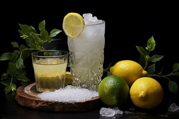 glass with crushed ice on the rim and taiti lemon on the table. Generative AI
