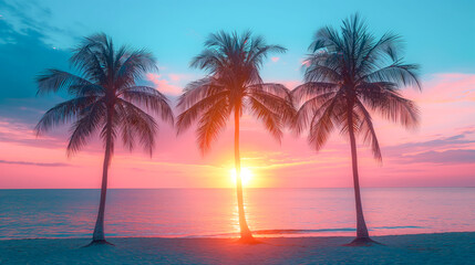 Fototapeta na wymiar Vibrant Skies and Silhouetted Palms at Dusk