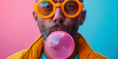 Portrait of Maltese man blowing bubble gum, wearing neon goggles,pastel color - obrazy, fototapety, plakaty