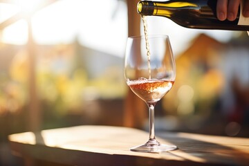 closeup of wine being poured into a glass in the vineyard