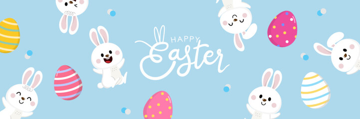 Happy Easter greeting card with cute white bunny and eggs. Rabbit character set. Animal wildlife holidays cartoon. -Vector.