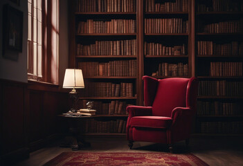 Arm chair in a room with book shelves